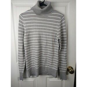 French Connection Woman M Turtle Neck Sweater LS Grey White Nautical Striped...